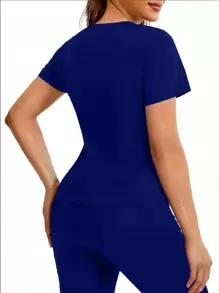 Women's Sweat Enhancing Fitness Top, Short Sleeve T-Shirt, Thermal Fitness Tank Top For Waist Training - Blue - View 2