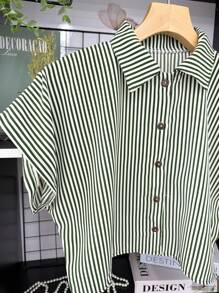 ELLIE Casual Striped Print Loose Cropped Shirt - 綠色條紋 - 查看 3
