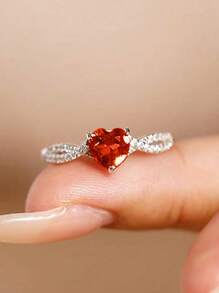S925 Sterling Silver Heart Shaped Classic Red Zirconia Fashion Elegant Women Ring