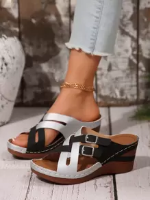 Plus Size Elegant Wedge Slip-On Women High Heel Sandals, Criss-Cross Strap Buckle Vacation Style Outdoor Roman Sandals, Fashion, Comfortable, Elegant, Casual, Beach Slippers, Wedge, Platform Sandals - Multicolor - View 1