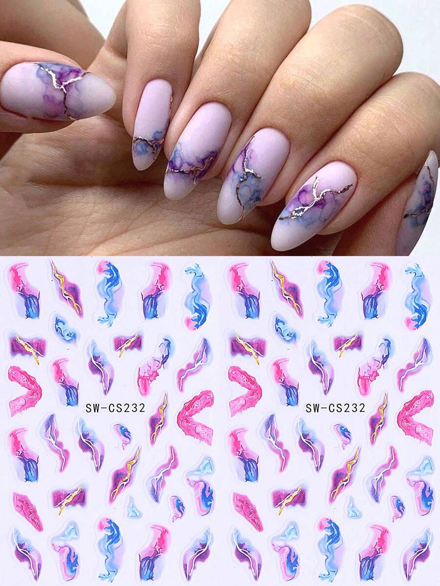 3D Metallic Marble Nail Stickers 2pcs Asymmetric Gradient Bloom Pink Blue Gold Foils Line Design DIY Y2K Self-Adhesive Gel Polish Sliders Nail Art Decoration Nail Supplies