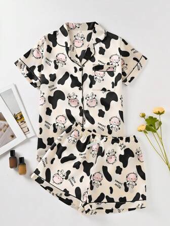 2pcs/Set Women Printed Short Sleeve Shorts Pajamas Set, Women Short Sleeve Shorts Loungewear, Suitable For Casual, Homewear, Outdoor Fashion Leisure Wear