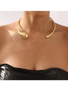 1 件时尚复古休闲金属极简主义泪滴领项链，高端金色夸张老钱风格适合女性 - 金色 - 查看 3