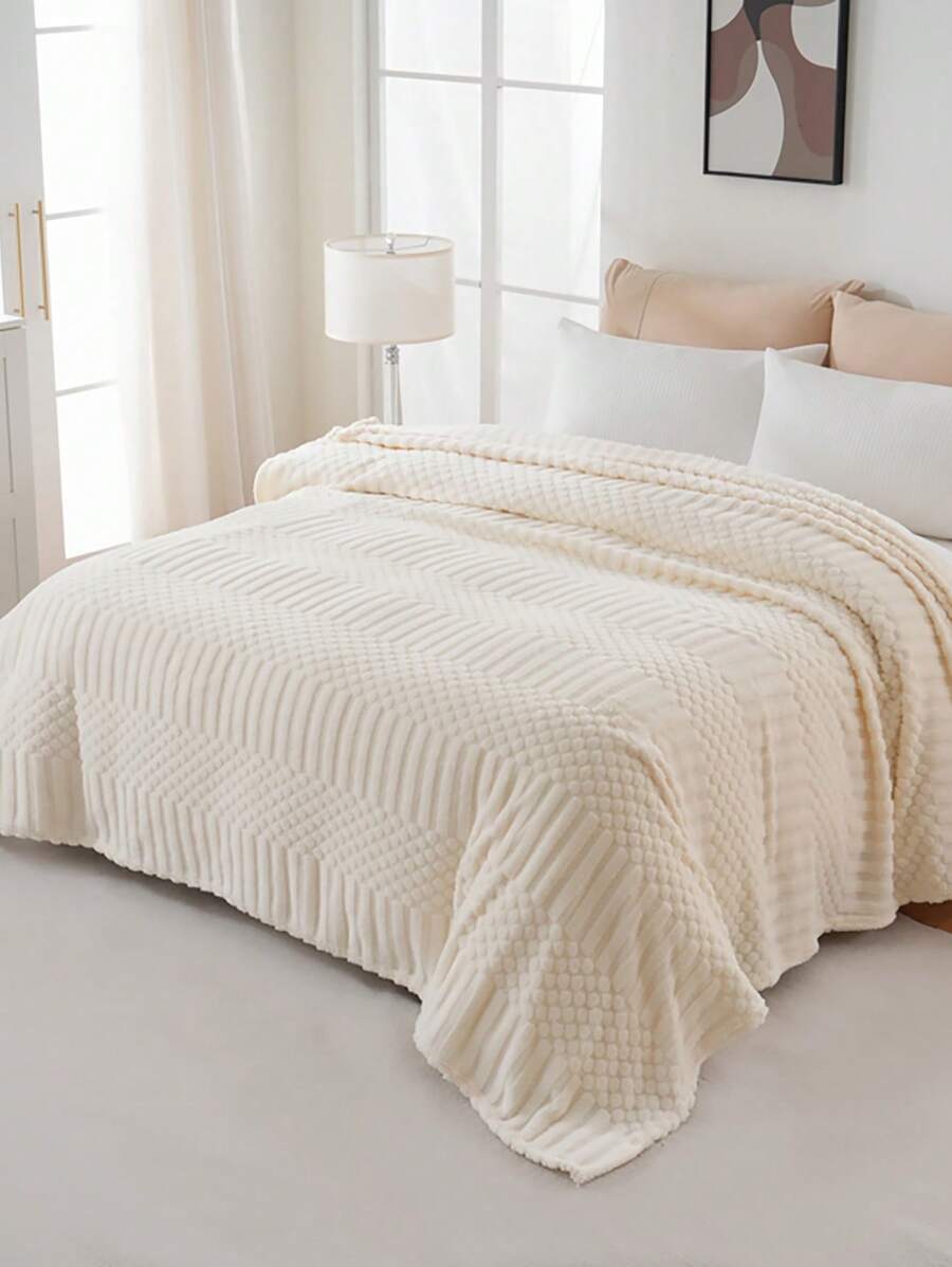 1pc Single Layer Solid Color Butterfly Design All-Season Blanket, Modern Polyester Jacquard Woven Throw Blanket, Suitable As Bedspread (Pillow Case Not Included) - YD Beige - View 1