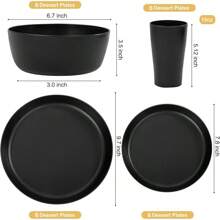 EI 24pcs Grey Wheat Straw Dinnerware Set Of 6,Reuasble Unbreakable Dinner Plates,Wheat Plates And Bowls Sets For Camping,Picninc,Family Dinner - 黑色 - 查看 2