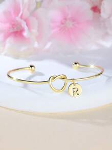 Tsnamer 1 pieza Brazalete con inicial dorada Brazalete con disco de nudo clásico con inicial de la A a la Z Brazalete personalizado de puño para mujer Joyería de uso diario