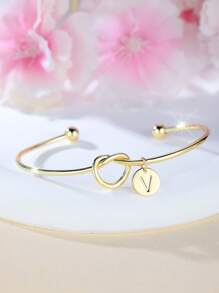 Tsnamer 1 pieza Brazalete con inicial dorada Brazalete con disco de nudo clásico con inicial de la A a la Z Brazalete personalizado de puño para mujer Joyería de uso diario