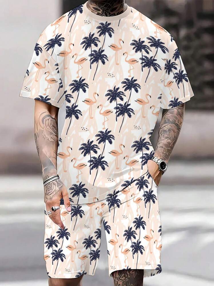 男士复古风椰子树印花 T 恤和短裤套装 - 舒适涤纶，可机洗 - 夏季完美选择，Hasna 精选 - 彩色 - 查看 1