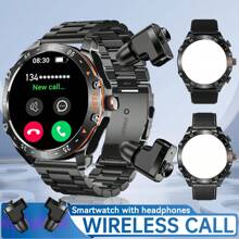 EIGIIS Montre connectée pour hommes au style sport d'affaires, avec boutons mécaniques, écouteurs intra-auriculaires intégrés, confortable à porter, appels sans fil (réception/émission d'appels), batterie grande capacité de 400 mAh, autonomie de batterie super longue, écran rond de 1,52 pouces, plus de 100 modes sport, prévisions météorologiques, rappel de message, compatible avec les téléphones Android et iOS, 3 bracelets de montre