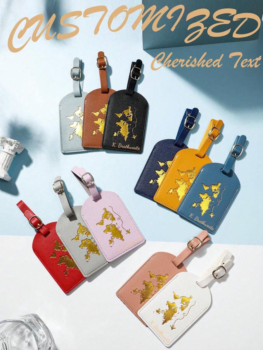 1pc PU Leather Personalized Luggage Tag, Suitable For Daily Travel, Outdoor, Business Trip, Simple Map Design With Hot Stamping, Travel Accessory,All-Purpose,Large Capacity,Versatile,Multifunction,Colorful,Cute,Adorable,Contracted,Funny,Kawaii,Y2K,Minimalist,Commuting,Business Casual,Basics,Custom,Personalized,Unique,Customized,Ideal Gifts For Him,Ideal Gifts For Her,Her,Family,Friends,Girlfriend,For Anniversaries,For Birthdays,For Holiday/ Vacation,For Outdoors/Outings/Travel/Hiking/Stadium/Sports/Climbing,For Business/Commute/Work/Office,Customized Luggage Tag,Easy Comfort - Multicolor - View 1