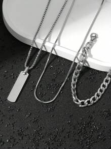 3PCS Men's Stainless Steel Daily Fashionable Minimalist Necklaces: Basketball Tag Pendant Necklace, Snakeskin Chain Necklace, Embossed Bracelet Set