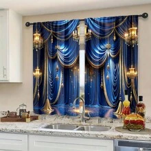 2pcs, Gold & Blue Faux Noble Style Curtains, Digital Printing, Sheer Polyester Material, Slightly , Suitable For Living Room, Kitchen, Bedroom, Study, Bathroom, Hotel, Dining Room, Home Decor