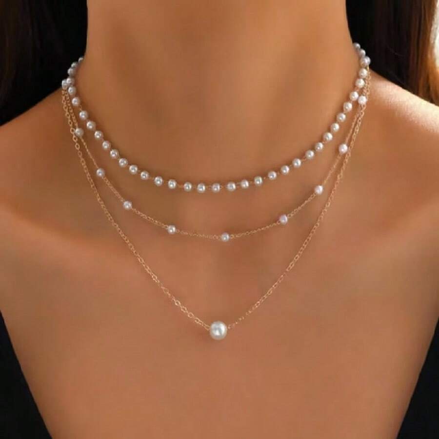 Hegaze 1pc Elegant Vintage Faux Pearl Multi-Layer Necklace For Women