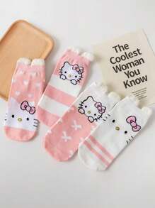 4 pares de calcetines de tobillo para mujer con gráficos de gato de dibujos animados Sanrio, diseño minimalista en color rosa, suaves y transpirables para uso diario
