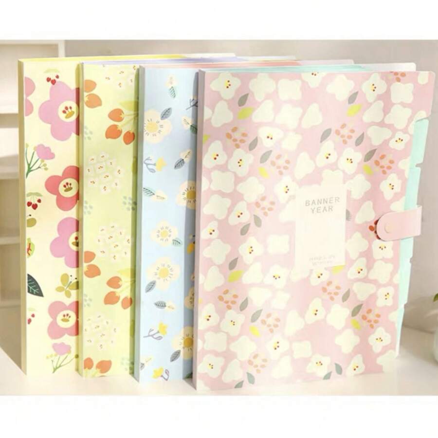 6pcs Accordion Folders, Cartoon Floral Plastic Matte A4 Document Holder, Waterproof File Organizer Bag For Students - A4 - View 1