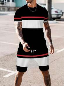 2 pièces ensemble t-shirt à manches courtes et shorts imprimé rayures graphiques, tenue de sport décontractée et ample pour hommes confortable