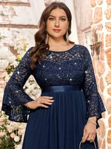 Gaun Panjang Formal Pesta Malam, Gaun Tamu Pernikahan, Gaun Ulang Tahun, Wisuda, Gaun Pesta Malam Formal Elegan dengan Lengan Mengembang Berhiaskan Payet Bunga dan Renda, Bahan Chiffon dengan Hem Berkerut - Navy Blue - View 8