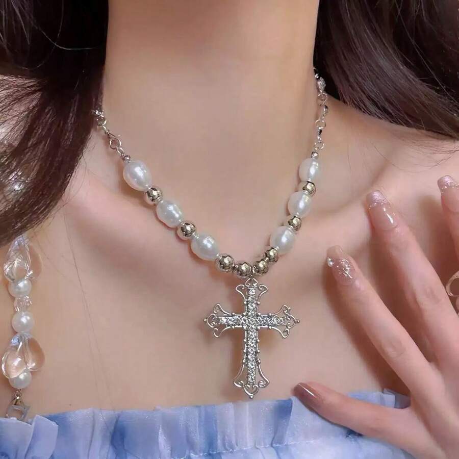 1pc Versatile Pearl Cross Necklace For Men And Women, Daily Wear Collar Necklace Accessory