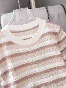 GIGOGOU New Women's Summer Striped Short Sleeve Hollow Out Knit T-Shirt - Pink - View 6