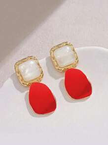 1 Pair Asymmetrical Burgundy Retro Square Earrings, Exquisite & Unique Design - Red - View 2