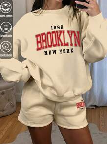 BROOKLYN Style, American Street,women's sports suit, cotton, beyond the basics, loose casual versatile, college style, spring and summer, soft and breathable,long sleeve and shorts
