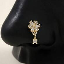 1pc L-Shaped Gold Color Cubic Zirconia Embellished Flower Nose Ring Valentines - Silver - View 1