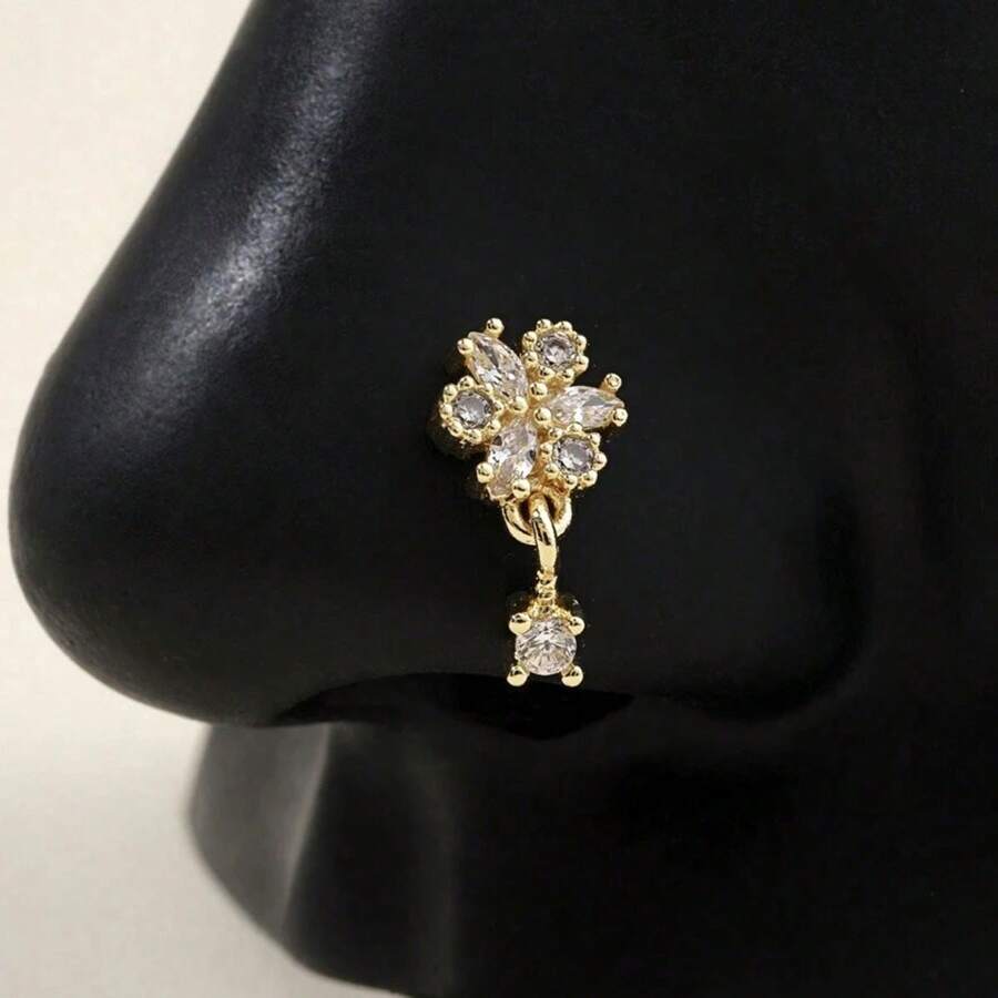 1pc L-Shaped Gold Color Cubic Zirconia Embellished Flower Nose Ring Valentines - Silver - View 1