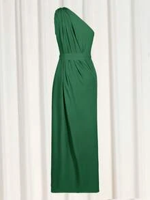 Women's Side Slit One-Shoulder Elongated Evening Dresses Have Belts - Dark Green - View 2
