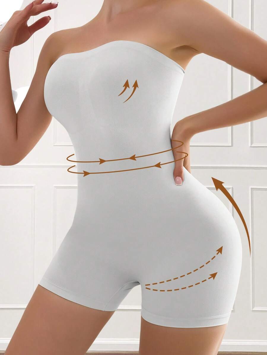 女士无缝无肩带塑身连体衣，防滑 | 告别繁琐的塑身衣 | 收腰、平腹、提臀，纤体必备 - 白色 - 查看 1