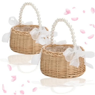 1 Stück handgefertigter Blumenmädchenkorb aus Rattan, Hochzeitskorb mit Perlengriff und Schleifen-Schleife, perfekt für Hochzeiten, Ostern und Partygeschenke