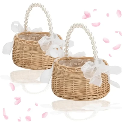 1 Pc Handmade Rattan Flower Girl Basket Wedding Basket With Pearl Handle And Ribbon Bow, Perfect For Weddings, Easter And Party Gifts