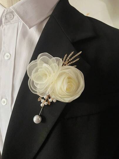 1枚法式米色玫瑰花蕾合金高档胸针，适用于婚礼装饰、宴会、派对、婚礼配饰