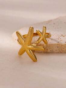 1 件时尚双海星开口戒指女士金色不锈钢戒指夏季海滩派对珠宝礼物 - 彩色 - 查看 14