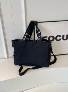 1 件女士纯色手提包，带铆钉装饰的拉链口袋，简约时尚 - 黑色 - 查看 5