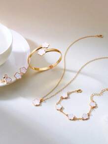 6 件休闲时尚三叶草花卉图案耳环、项链、手链、戒指首饰套装，夏季度假休闲装必备，送给她的最佳礼物