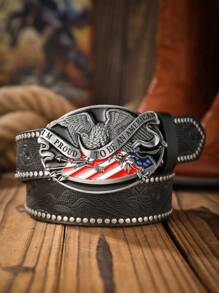 1 条男士波西米亚西部牛仔鹰扣复古深棕色 PU 皮带，适合所有季节 - 如圖 - 查看 2