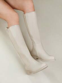 2025 Autumn And Winter Women's Knee-High Boots White Elegant Square Shoes High Heels Back To School Season Valentine's Day Suitable For Dates, Parties, Shopping, And Commuters