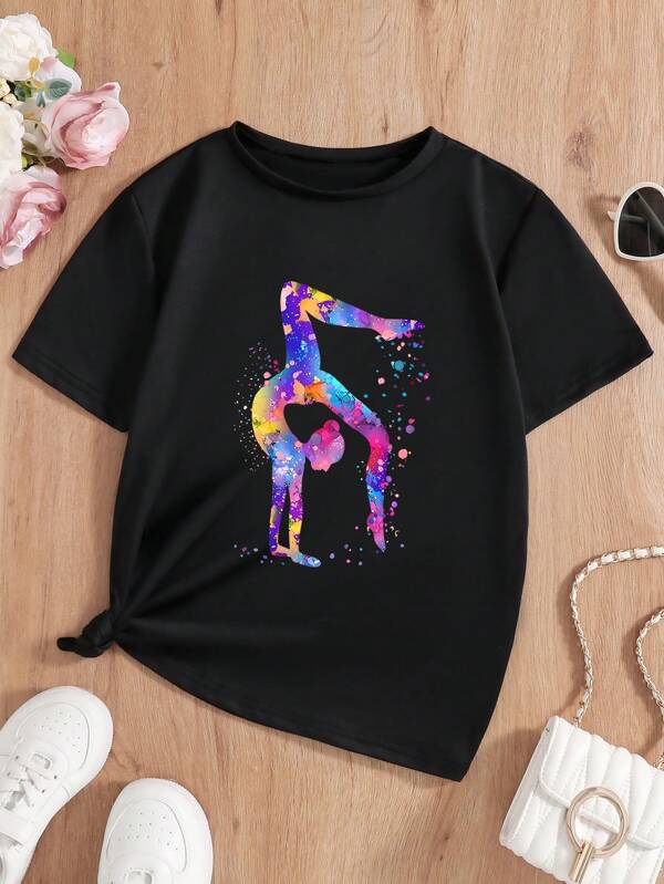 Parte superior delgada con estampado de baile simple y colorido para niña preadolescente, casual y a la moda, adecuada para el ocio diario al aire libre, camiseta versátil