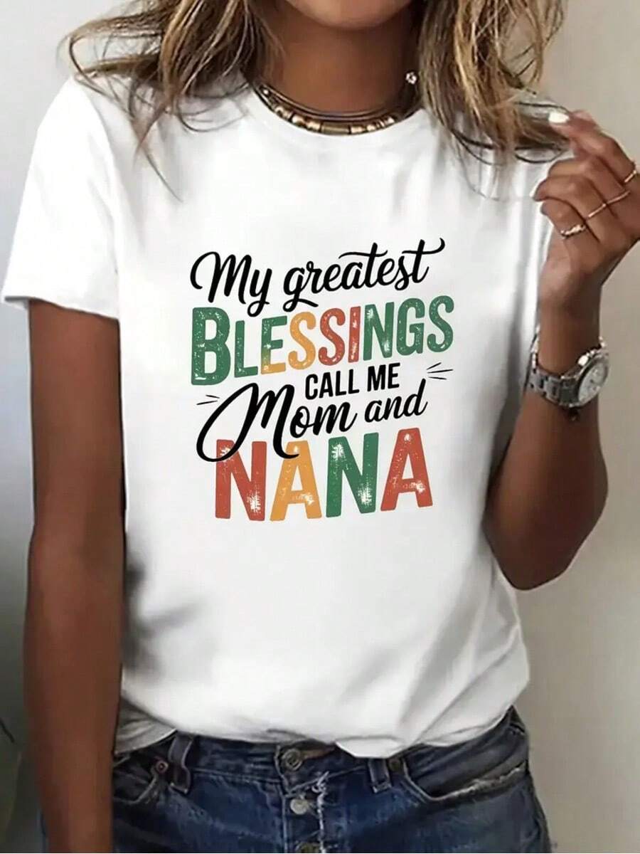 Women's Casual Round Neck T-Shirt - "Call Me Mom And Nana" Colorful Print, 100% Knit Top, Comfortable All-Season Wear, Machine Washable, Ladies T Shirts   100% Cotton - trắng - Xem 1