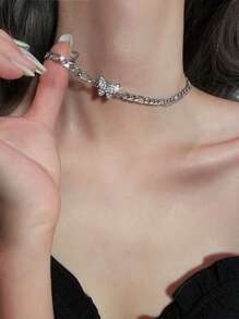 1 件简约奢华水钻蝴蝶项链，休闲颈链 - 銀色 - 查看 5