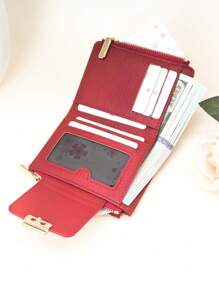Nuevo monedero compacto con botón a presión para mujer, sofisticado, de piel sintética PU suave, billetera plegable, monedero, estuche para tarjetas, de color rojo, minimalista y práctico, monedero miniatura, pequeño monedero para mujer