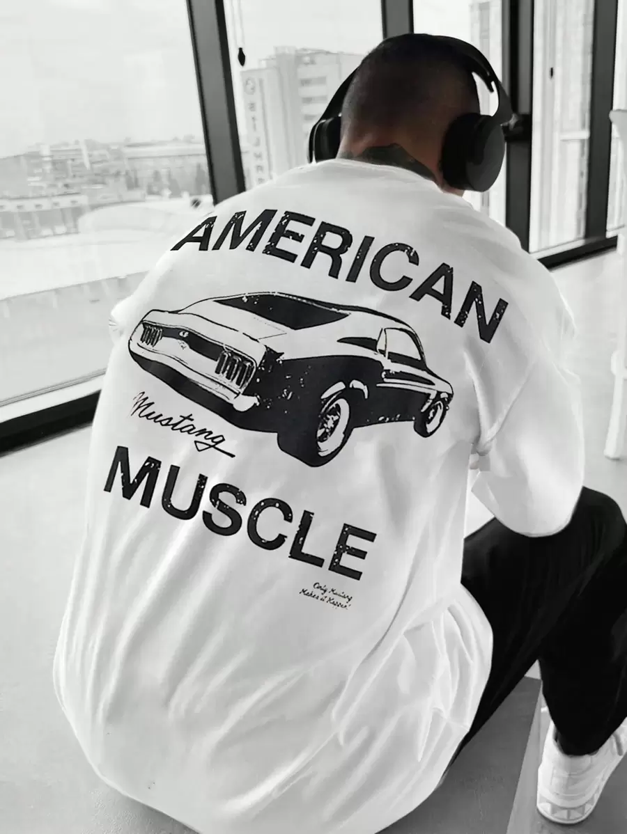 男士宽松时尚字母跑车印花白色短袖T恤春夏季适合跑步、健身和休闲穿着 - 白色 - 查看 1