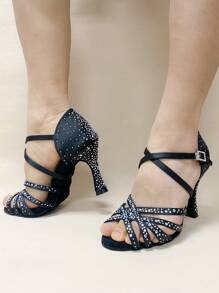 女士莎莎拉丁舞鞋 9 厘米高跟闪亮水钻黑色缎面绒面革鞋底室内舞蹈高跟鞋超柔软比赛舞鞋 - 黑色9cm - 查看 8