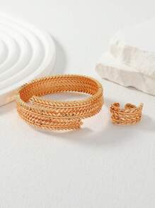 Set de joyería de 2 piezas con brazalete y anillo de aleación de cobre chapado en oro rosa con diseño retorcido de trigo estilo árabe para mujeres