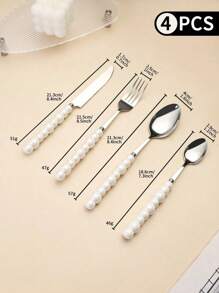 4pcs/Set Stainless Steel Utensil Set,Romantic Ceramic Pearl Handle Western Cutlery Knife Fork Spoon Coffee Spoon,Reusable Tableware,Or School, Picnics, Parties, Outdoor Dining, Camping Accessories School Supplies Travel Essentials Accessories Back To School Dorm Essentials