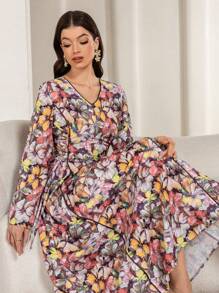 Women's Long Sleeve Drawstring Tie V-Neck Print Long Dress, Casual & Simple - Multicolor - View 4