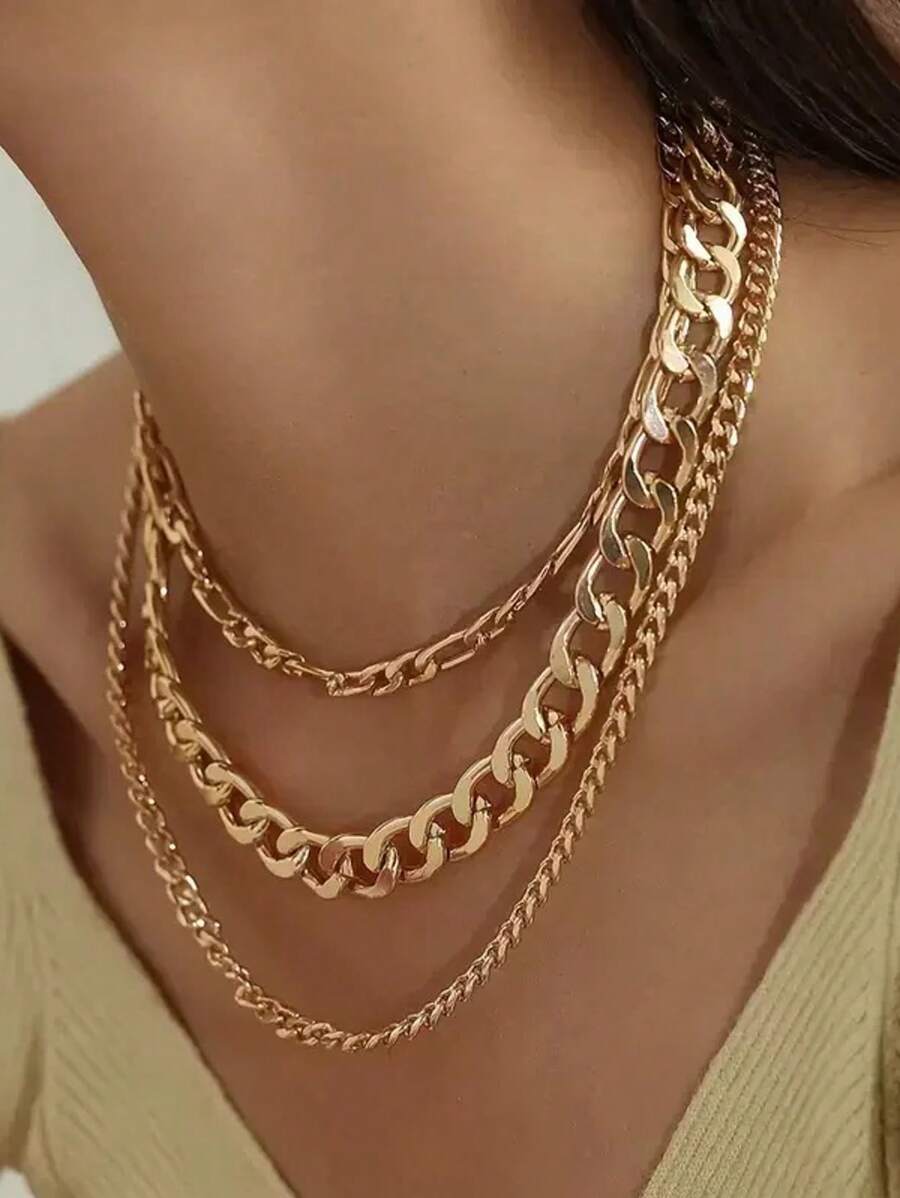 3pcs/Set Multilayer Gold Overlapping Chain & Bar Necklace, Women Jewelry - Yellow Gold - View 1