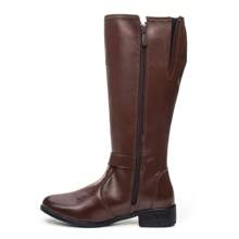 Bota Montaria Feminina Cano Alto Strass Fivela Zíper Lateral Luxo Lançamento bota marrom confortável elegante - Café - Visão 5
