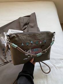 Japanese Style Embroidered Shoulder Bag, Unique Design Fashion Versatile Large Capacity Casual Messenger Bag, Lightweight Tote