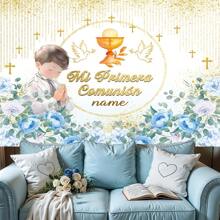 1 tấm Biểu ngữ Tiệc rửa tội đầu tiên tùy chỉnh, Polyester, Có Thánh giá, Hoa xanh lam, Lá xanh lá cây, Phông nền chụp ảnh họa tiết cầu nguyện, Biểu ngữ rửa tội tên tiếng Tây Ban Nha được cá nhân hóa, Thích hợp cho Tường nhà, Trang trí Bàn bánh, 3 Tùy chọn kích thước - Nhiều màu - Xem 5